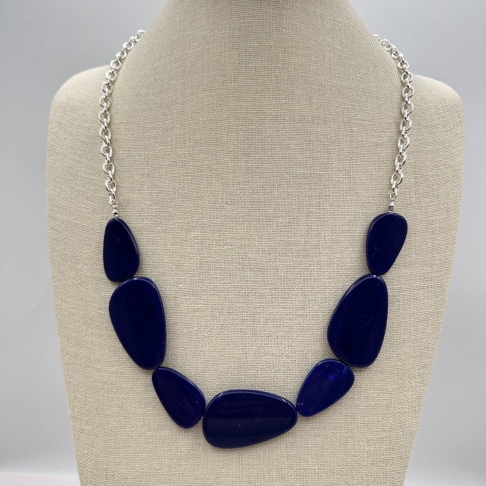 Vintage 90s Chunky Blue Stone Bib Necklace Silver Tone Boho Y2K Jewelry